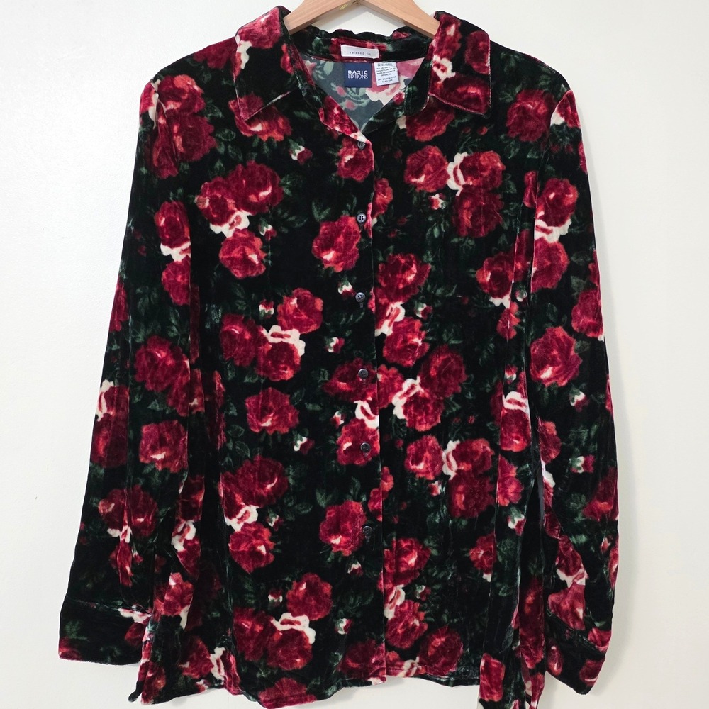 Vintage Dark Floral Velvet Button Up Top Sz XL Relaxed Y2K Whimsigoth Grunge